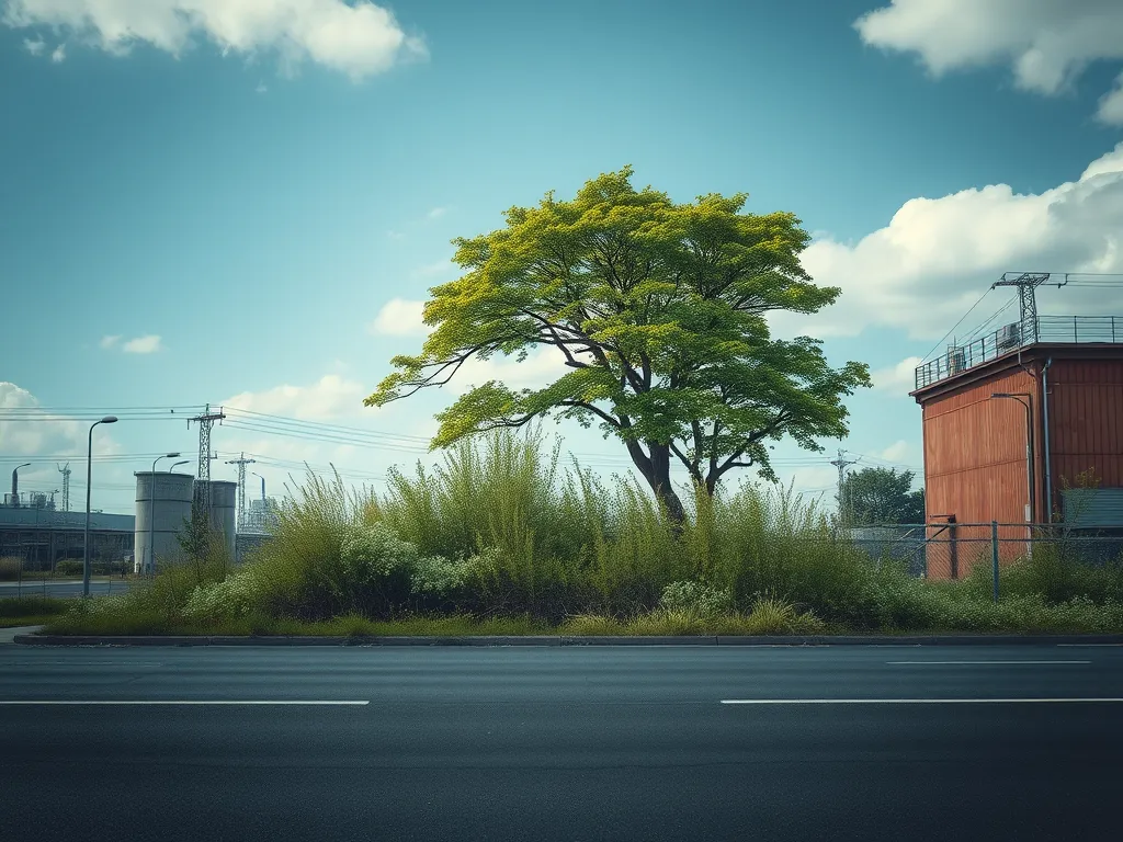 Tree and bushes growing near asphalt road, illustrating environmental impact of asphalt