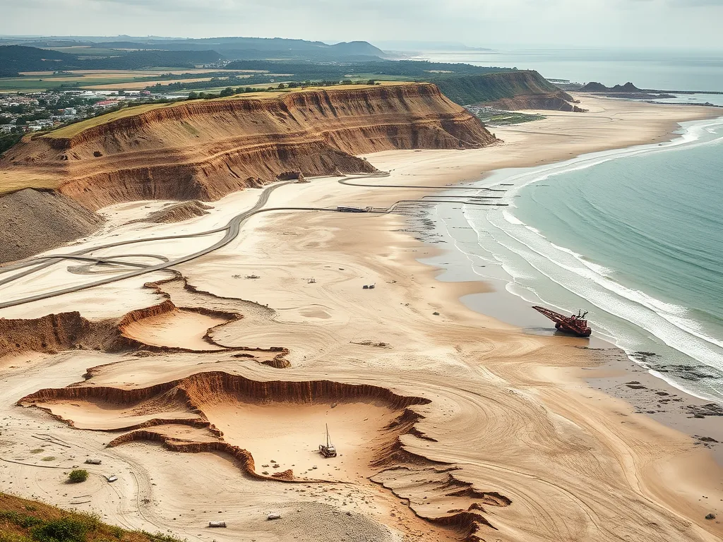 Aerial view of a coastline showing effects of mining aggregates on the landscape and beach ecosystem.