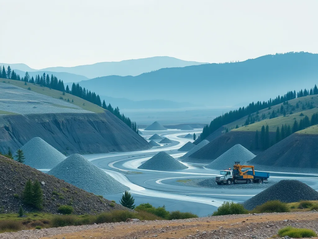 A landscape showing the substantial environmental impact of mining aggregates, with excavated hills and a transport truck.