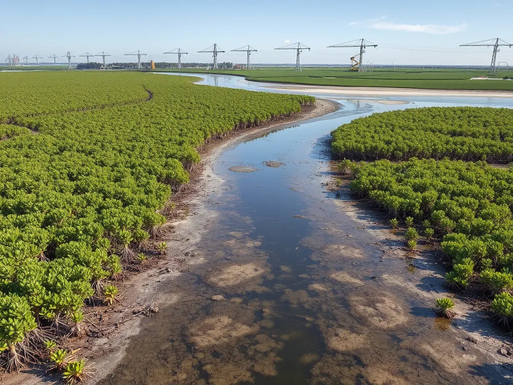 Aerial view of vegetation and waterway affected by mining aggregates.