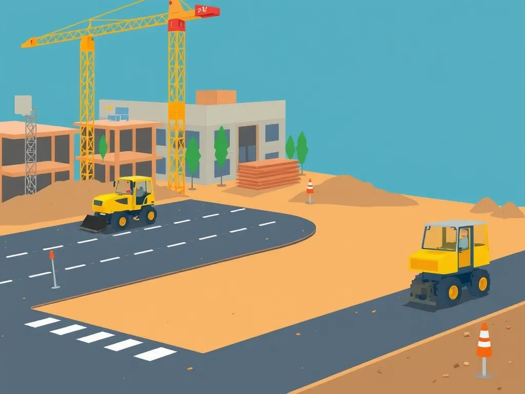Construction site with asphalt paving machinery, highlighting environmental noise regulations.