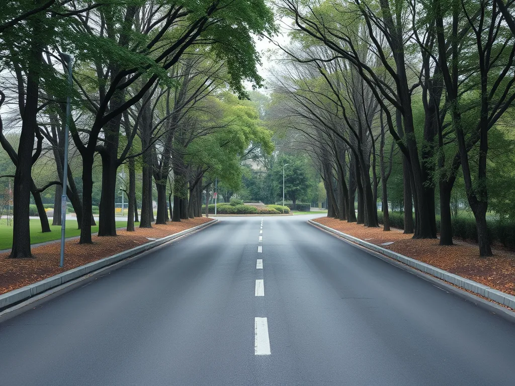 Quiet asphalt road surrounded by trees in accordance with environmental noise regulations