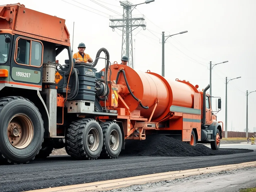 Construction vehicles laying asphalt in compliance with environmental regulations