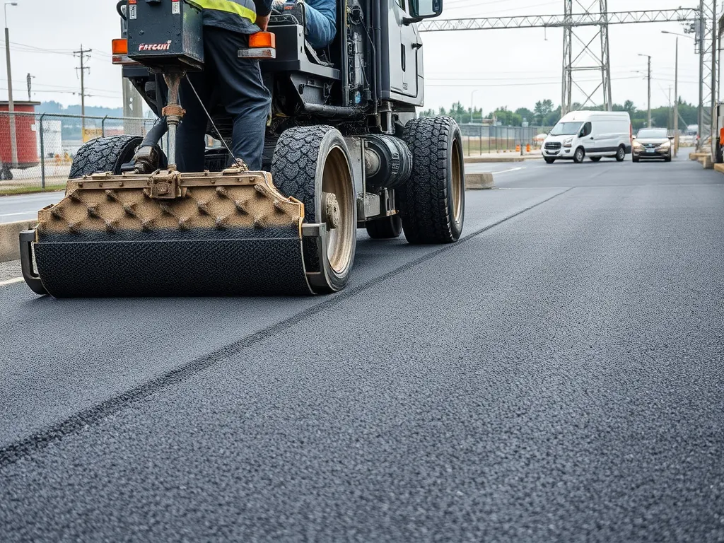 Asphalt paving machinery creating an even surface on a road