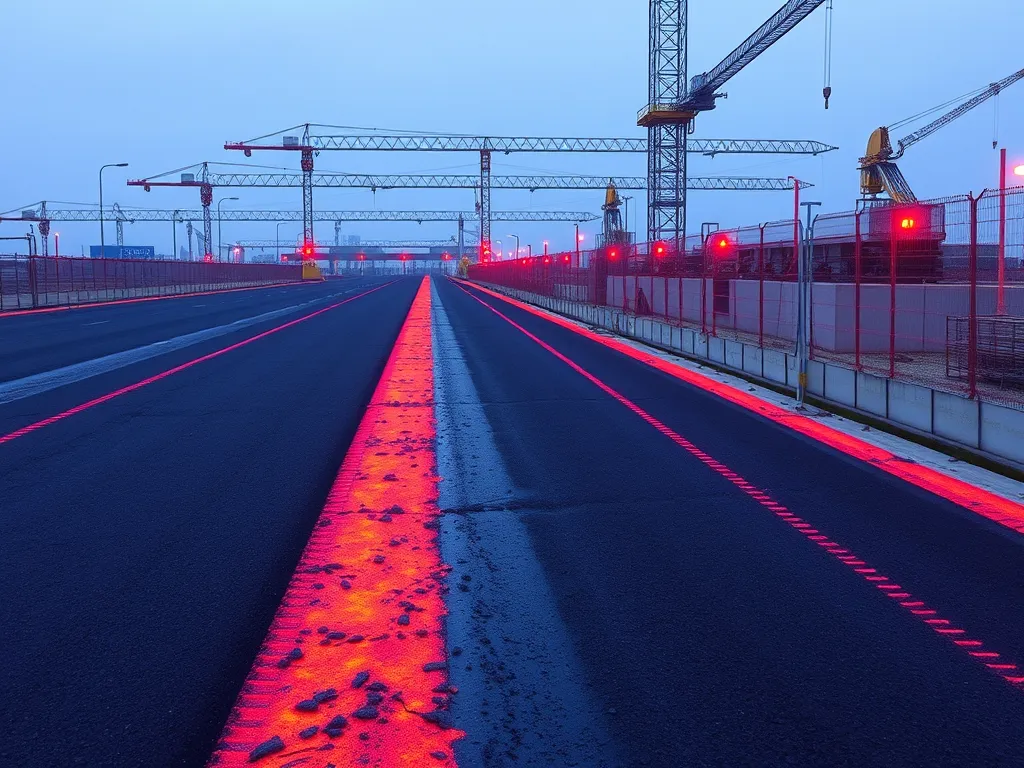 Highway showcasing an even asphalt surface with construction equipment in the background, emphasizing tools for achieving smooth asphalt.
