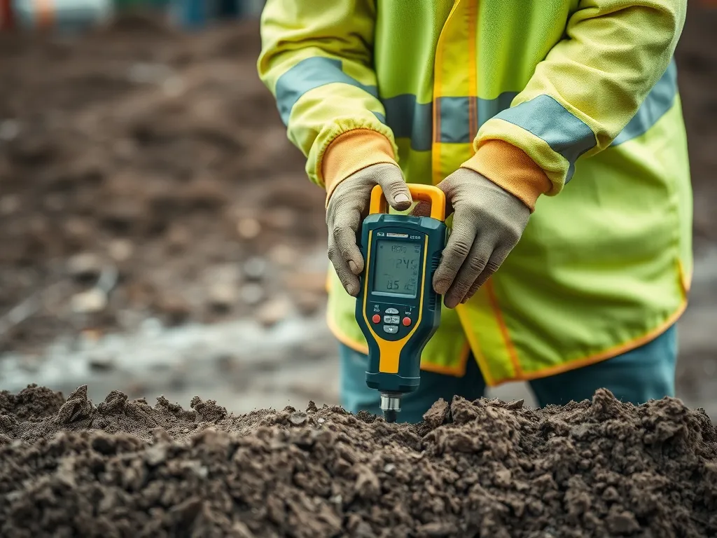 Technician using a soil moisture meter during excavation for asphalt driveway installation