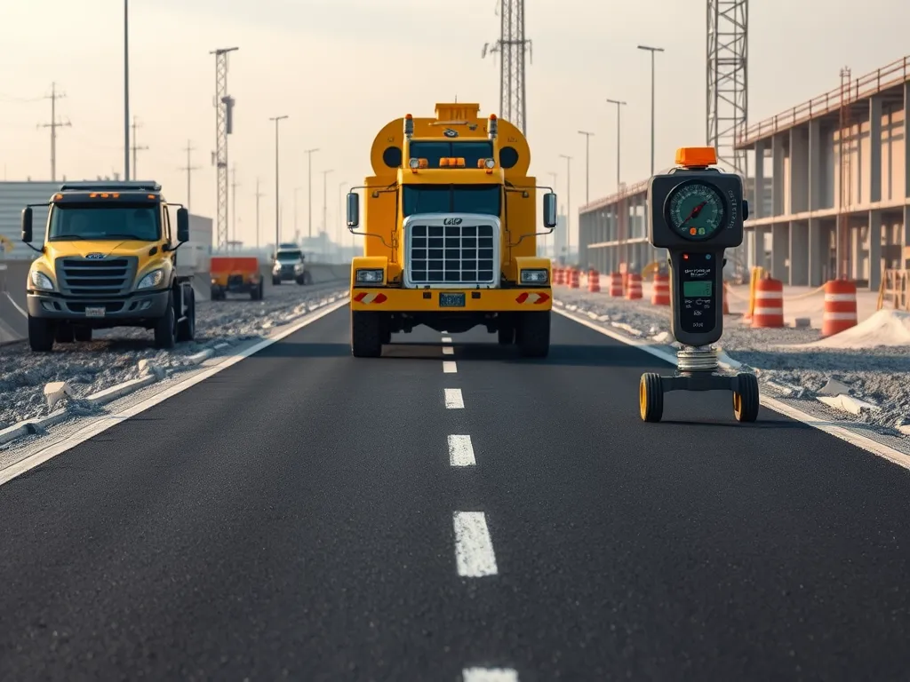 Construction scene featuring fiber reinforced asphalt concrete with trucks and measuring equipment.