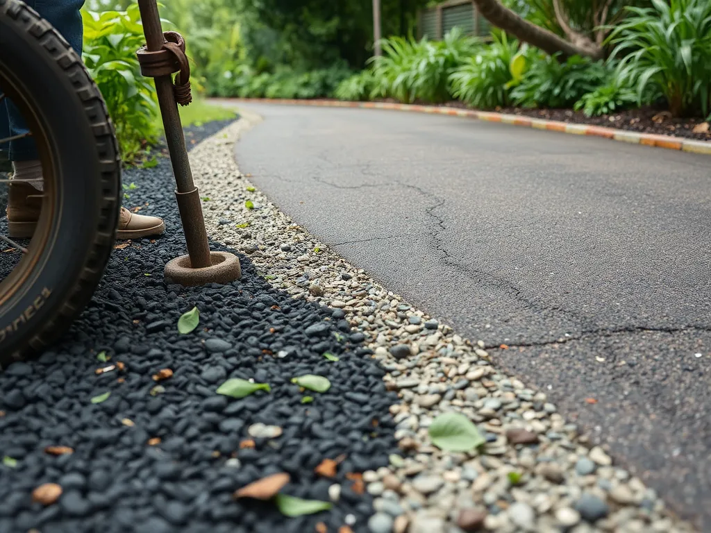 Close-up of a person using a tool to fill cracks in an asphalt driveway