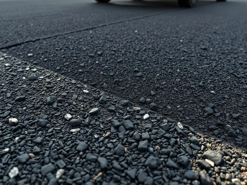 Close-up view of freshly filled potholes with asphalt surface