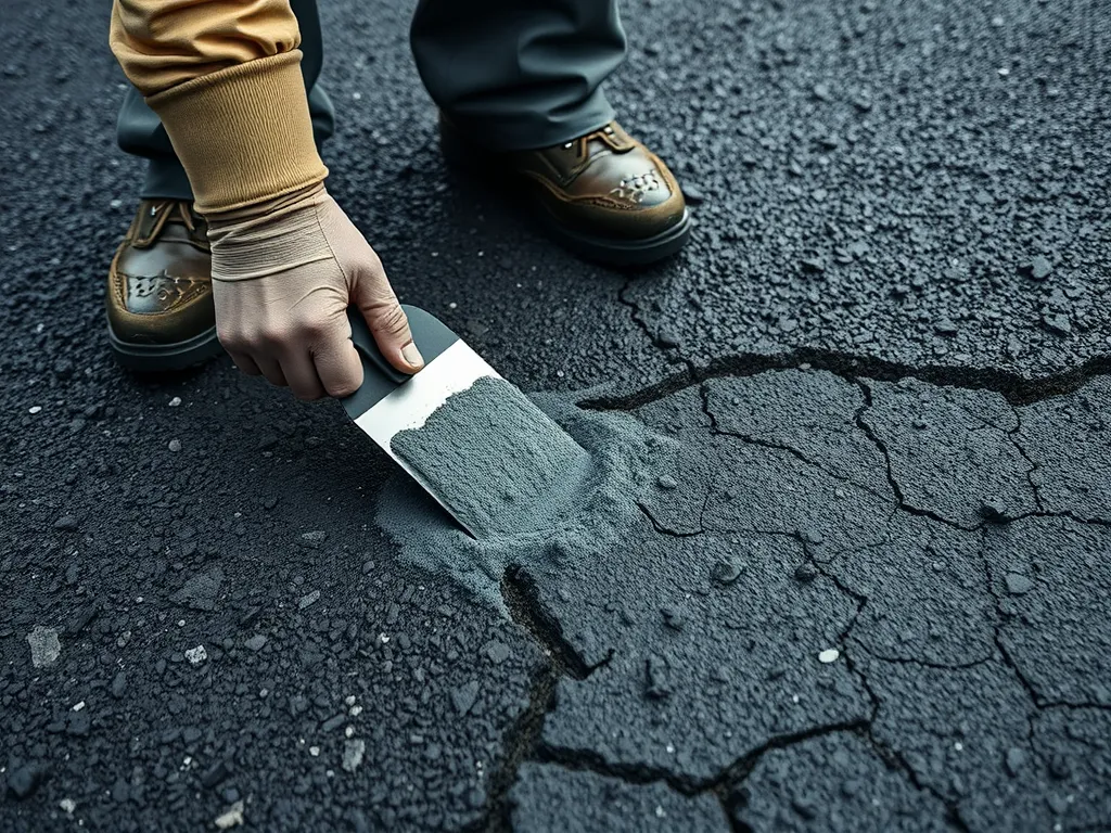 A person repairing uneven asphalt with a trowel, demonstrating a method for asphalt repair.
