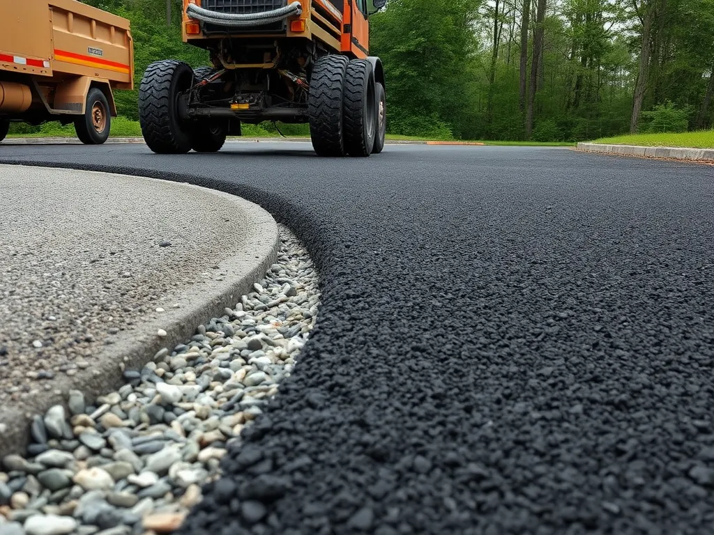 A close-up view of a machine repairing uneven asphalt with gravel edging.