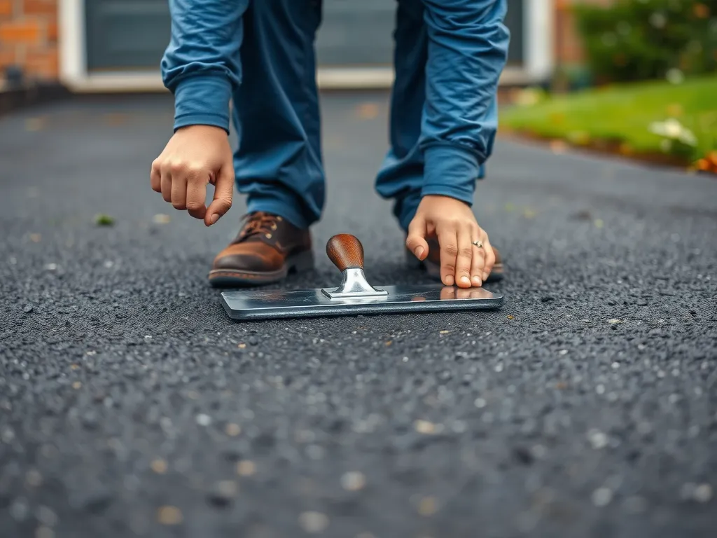 Person using a trowel to repair uneven asphalt surface