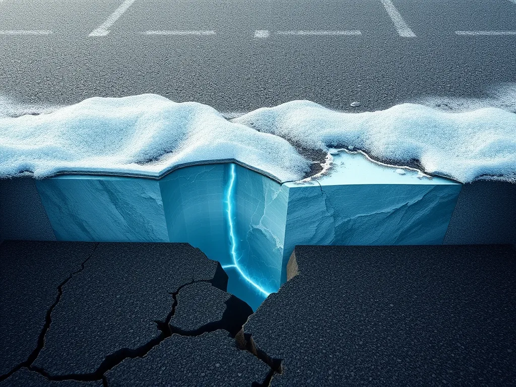 Image showing a cross-section of uneven asphalt with cracks and water accumulation, related to how to fix uneven asphalt.