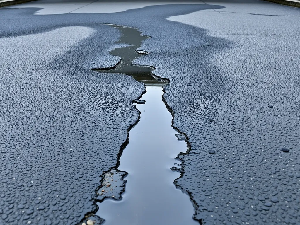 Water pooling in a cracked driveway surface indicating drainage issues