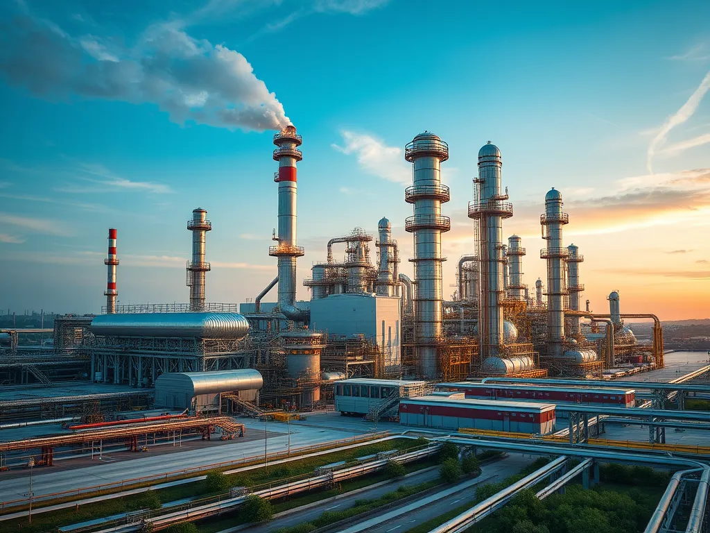 Industrial plant for fractional distillation of asphalt showcasing tall distillation columns and processing units.