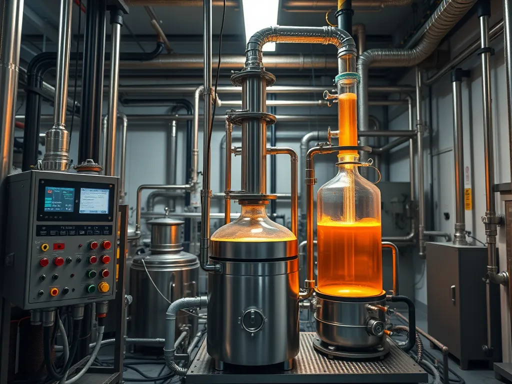 Fractional distillation apparatus used for refining asphalt in an industrial setting.