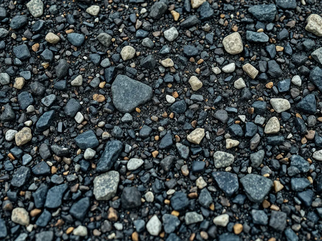 Close-up view of asphalt surface showing gravel and stones impacted by freeze-thaw cycle.