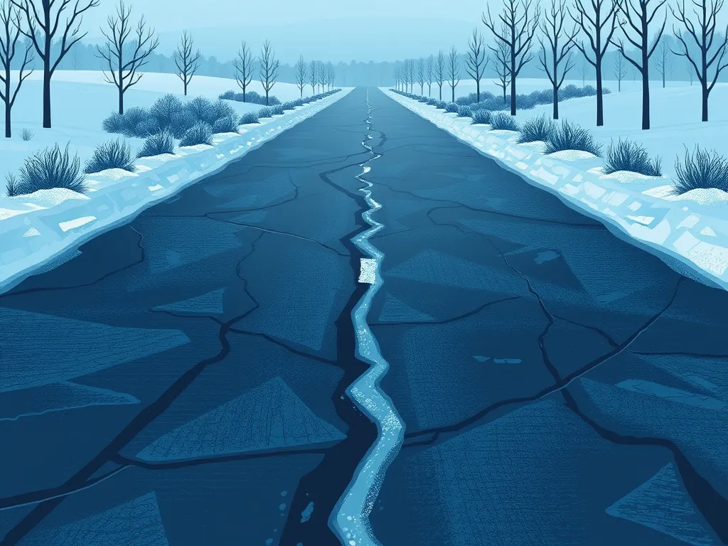 Damaged asphalt road illustrating the effects of freeze-thaw cycle in winter conditions