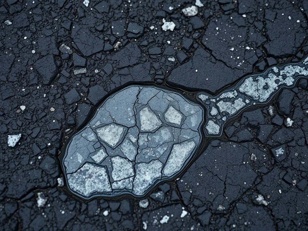 Cracked asphalt surface showing damage from freeze-thaw cycle effects.