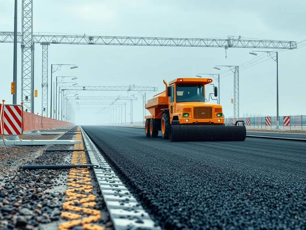 Construction machinery applying innovative asphalt materials on a highway.