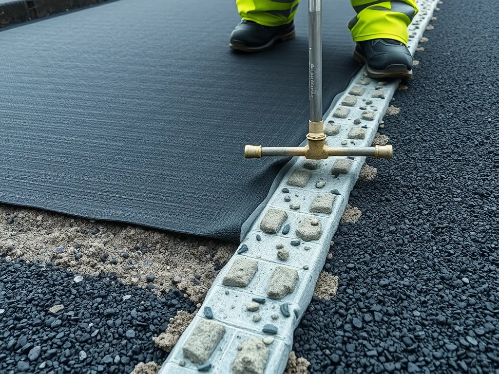 Worker applying geotextile material to enhance asphalt stability for improved roadway performance.