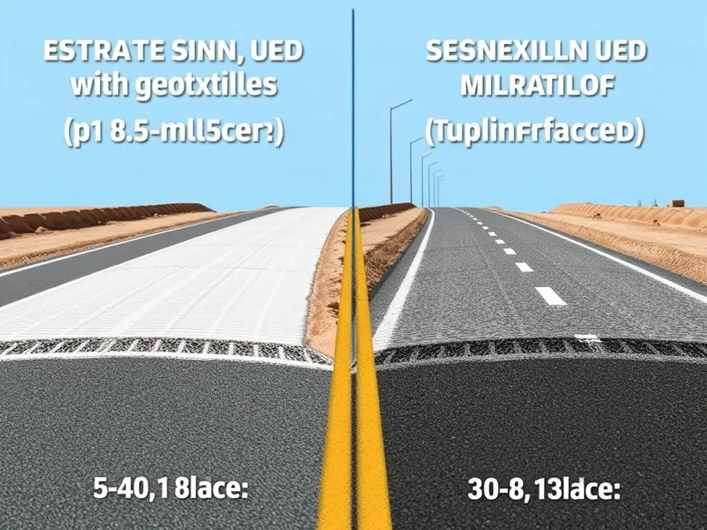 Comparison of asphalt stability with and without geotextiles, illustrating improved performance.
