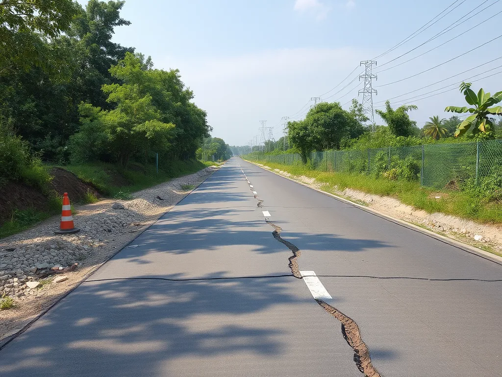 Damaged asphalt road showcasing the need for geotextiles to improve stability.