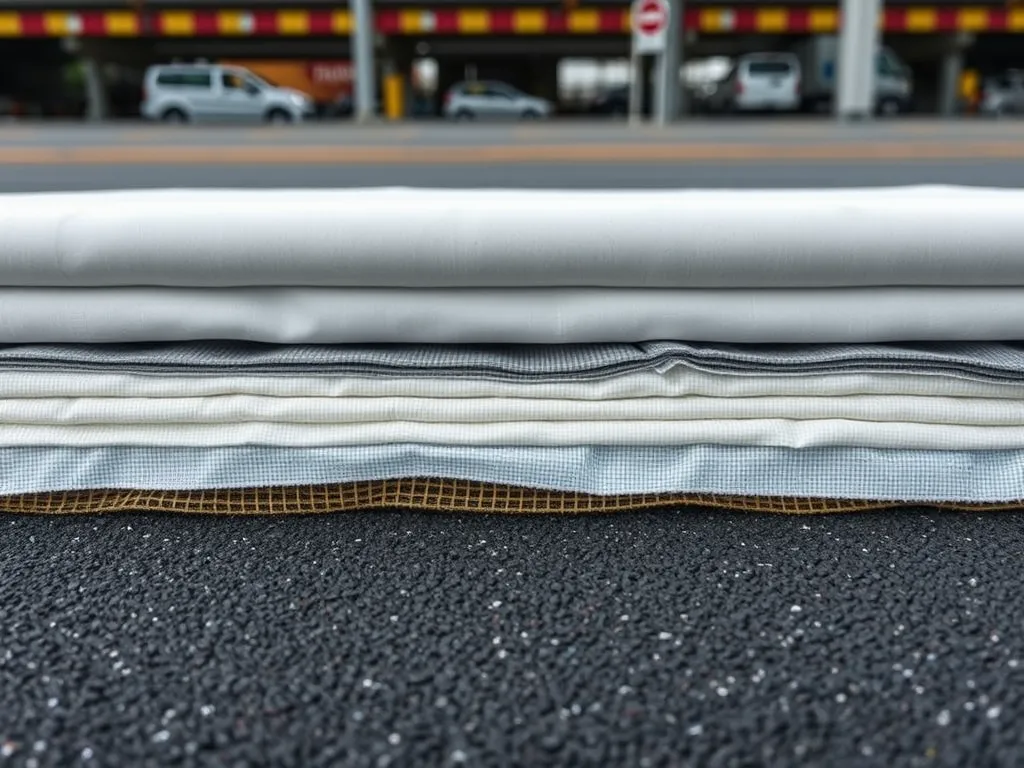 Different layers of geotextiles used for improved stability in asphalt paving.
