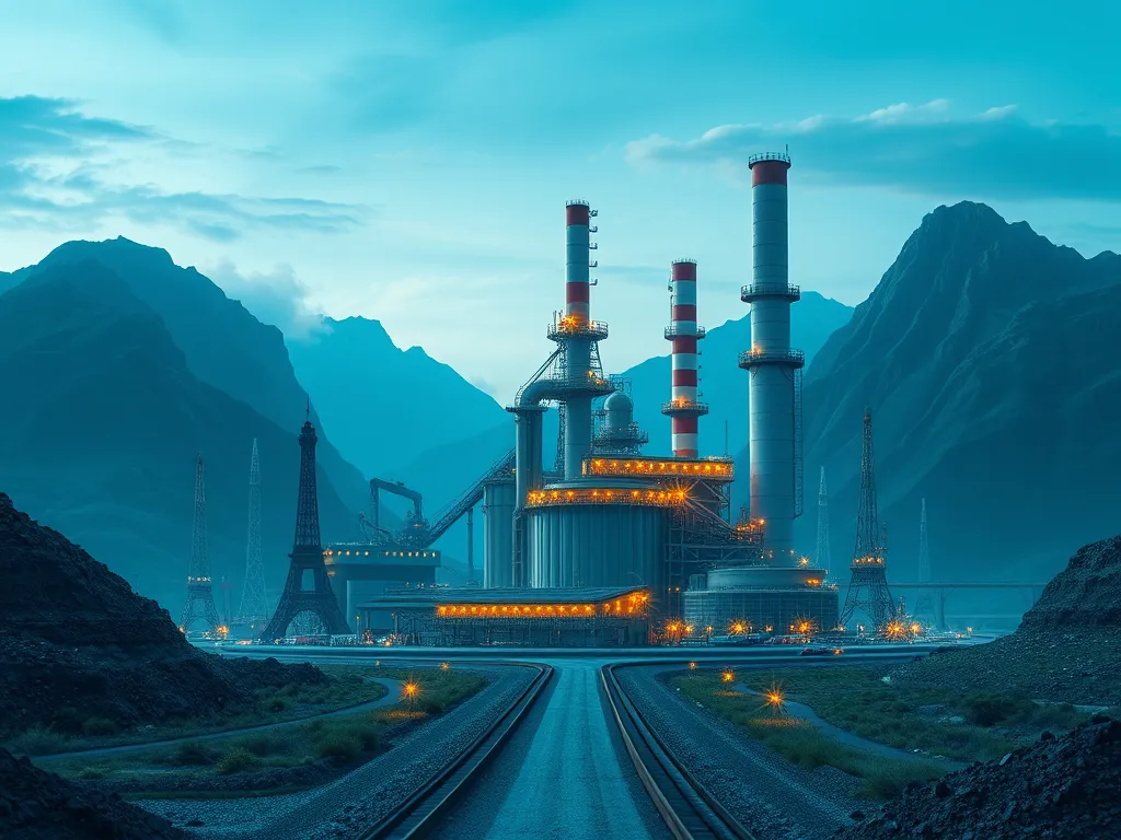 Modern asphalt manufacturing facility with industrial structures and mountain backdrop