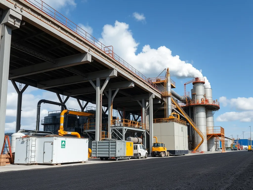 An asphalt manufacturing facility showcasing modern equipment and production processes related to global trends in asphalt manufacturing.