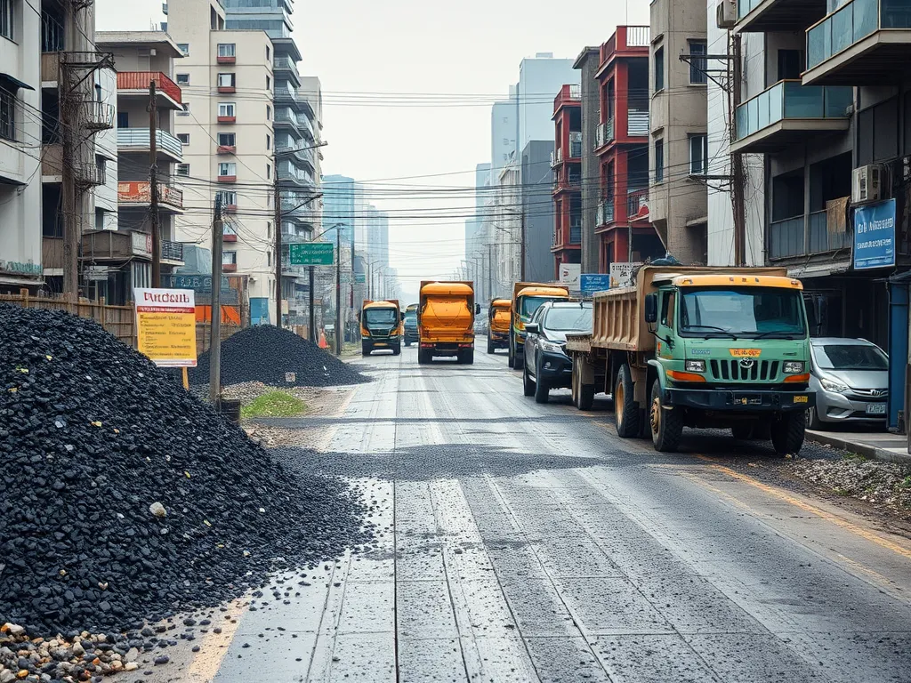 Construction vehicles on a street engaged in asphalt recycling, highlighting global trends in sustainable road construction.