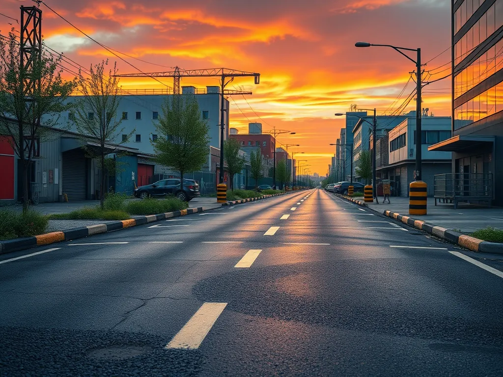 A sunset view of a newly paved road, highlighting the importance of asphalt recycling in urban development.