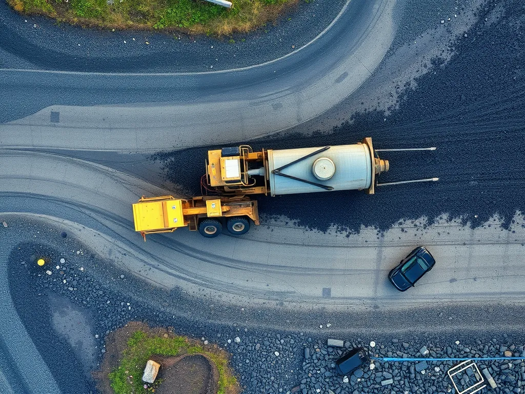 An aerial view of a concrete mixer truck on an asphalt road showcasing global trends in asphalt manufacturing.