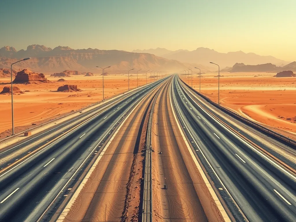 A panoramic view of a smooth asphalt road in a desert landscape, illustrating the potential applications of warm mix asphalt technology.