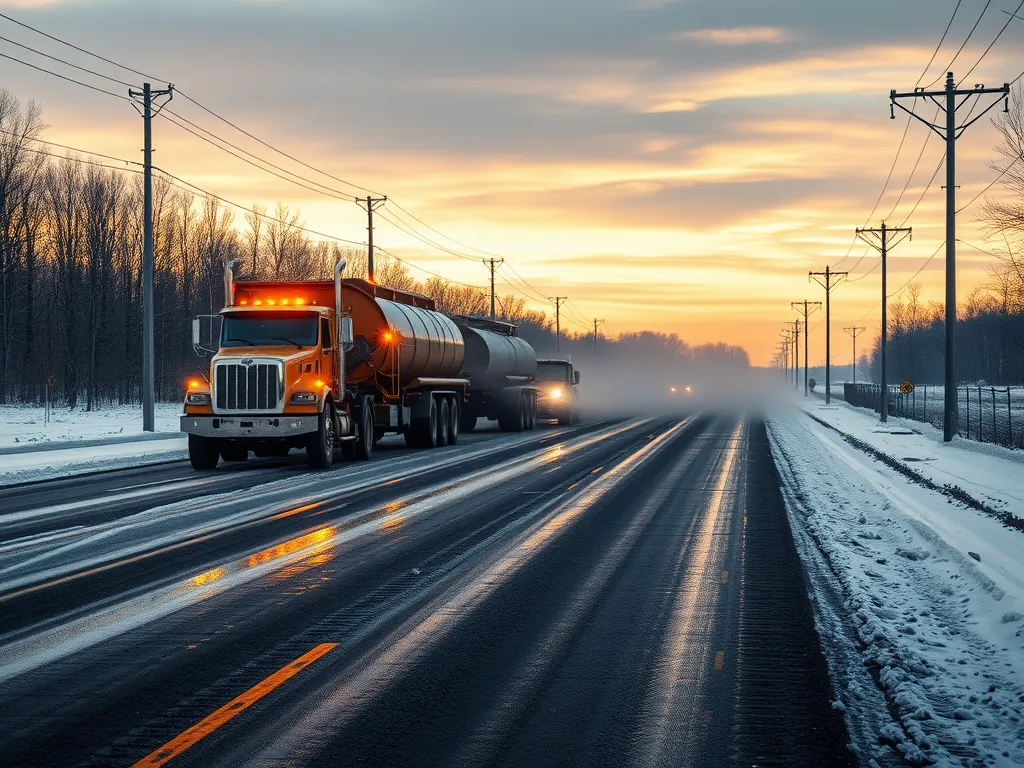 A truck transporting warm mix asphalt on a winter road, illustrating trends in asphalt adoption.