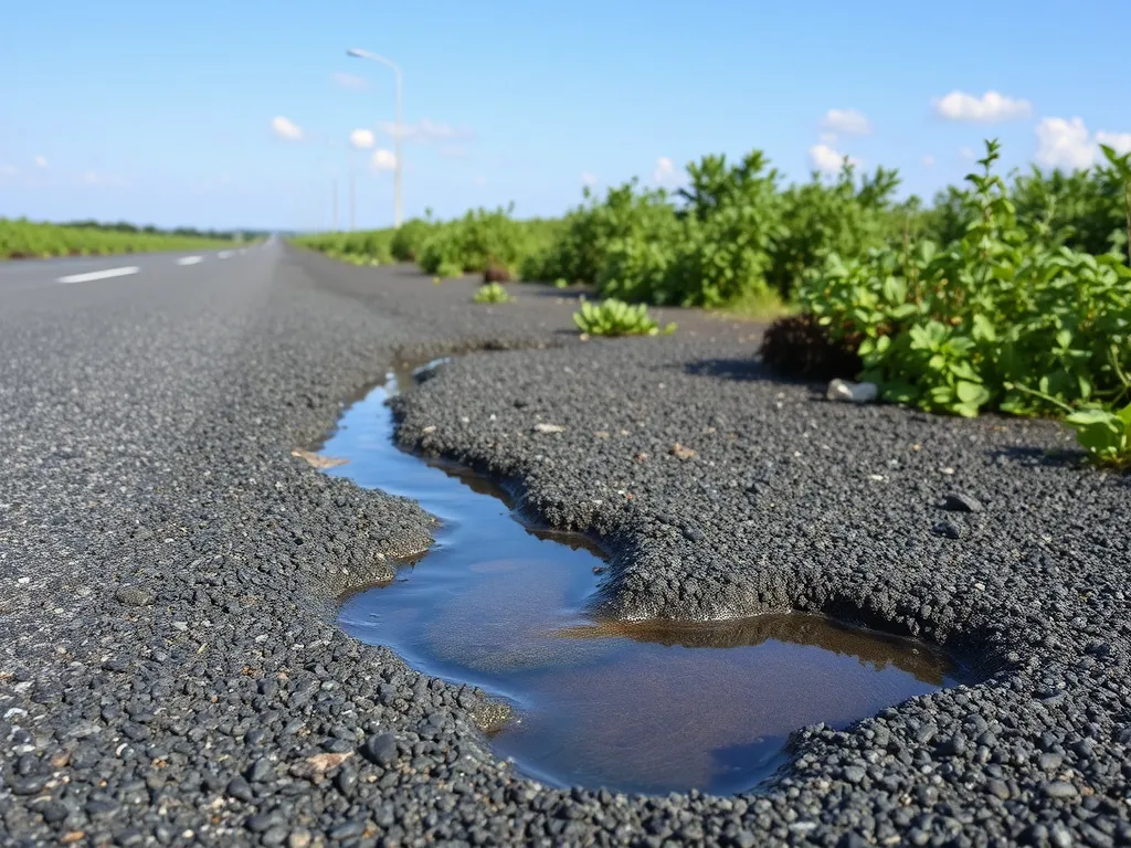 Pothole in asphalt road demonstrating the impact of regulations on asphalt use.
