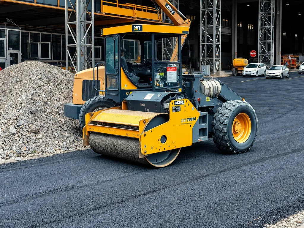A heavy machinery roller used in grading and rolling asphalt on a construction site