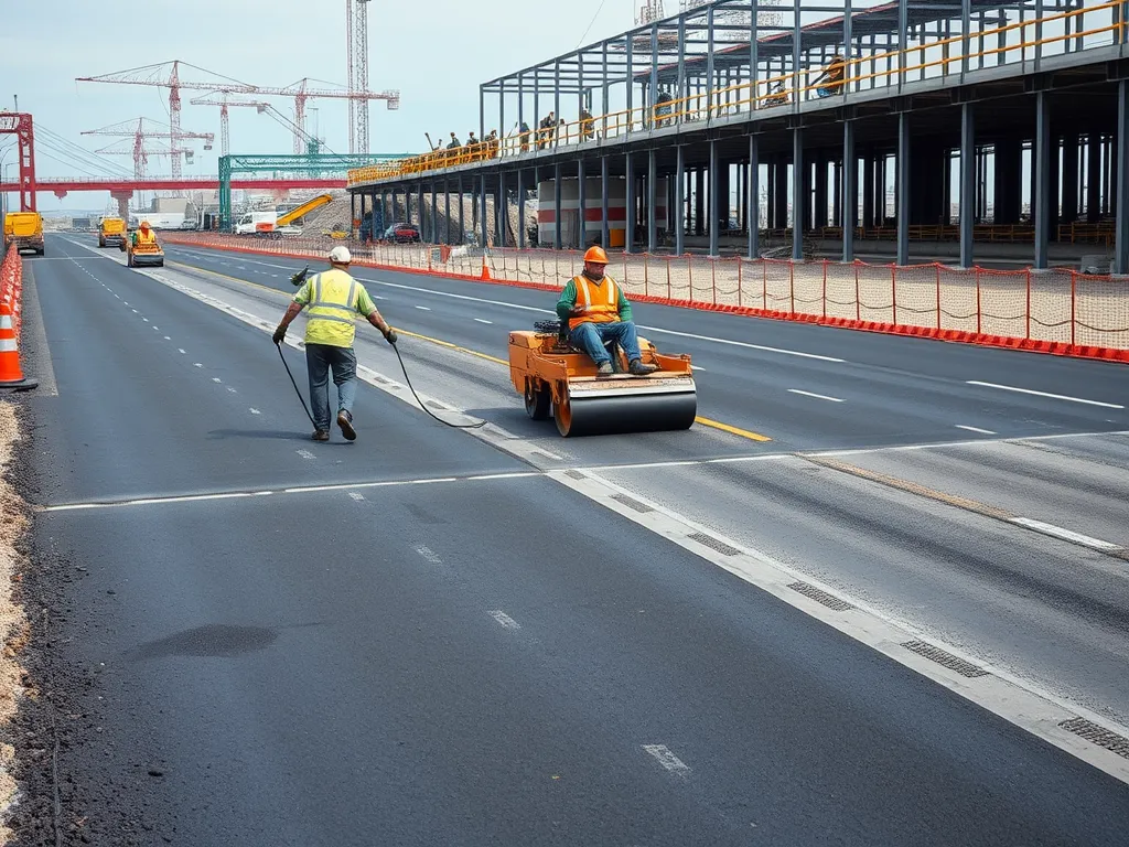 Construction workers grading and rolling asphalt on a new road