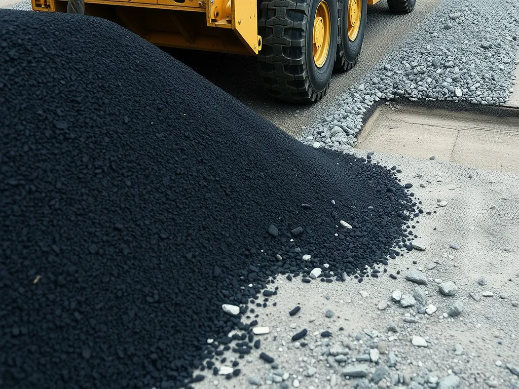 Asphalt material being laid over gravel surface for road construction