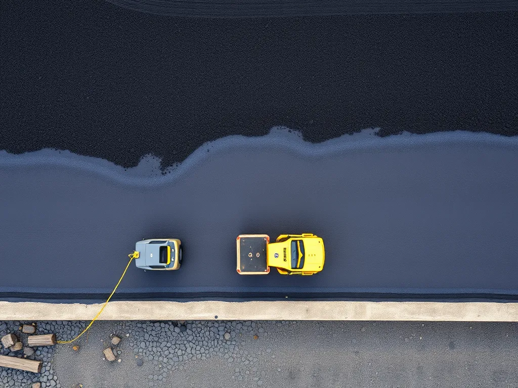 Construction vehicles laying asphalt over gravel surface for a smooth transition