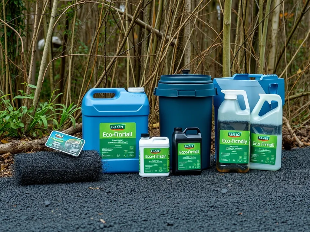 Variety of eco-friendly products for asphalt maintenance displaying sustainable options.