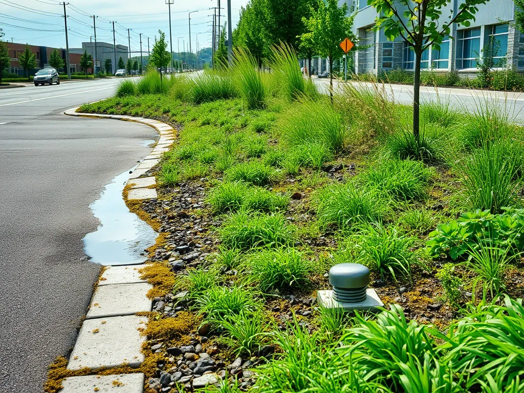 Sustainable landscape featuring green infrastructure in urban design promoting green asphalt technologies.