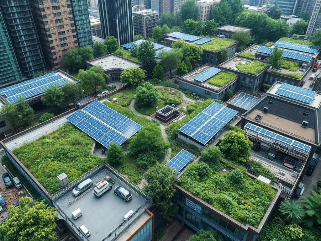 Aerial view of buildings with green roofs and solar panels, showcasing effective solutions to the heat island effect.