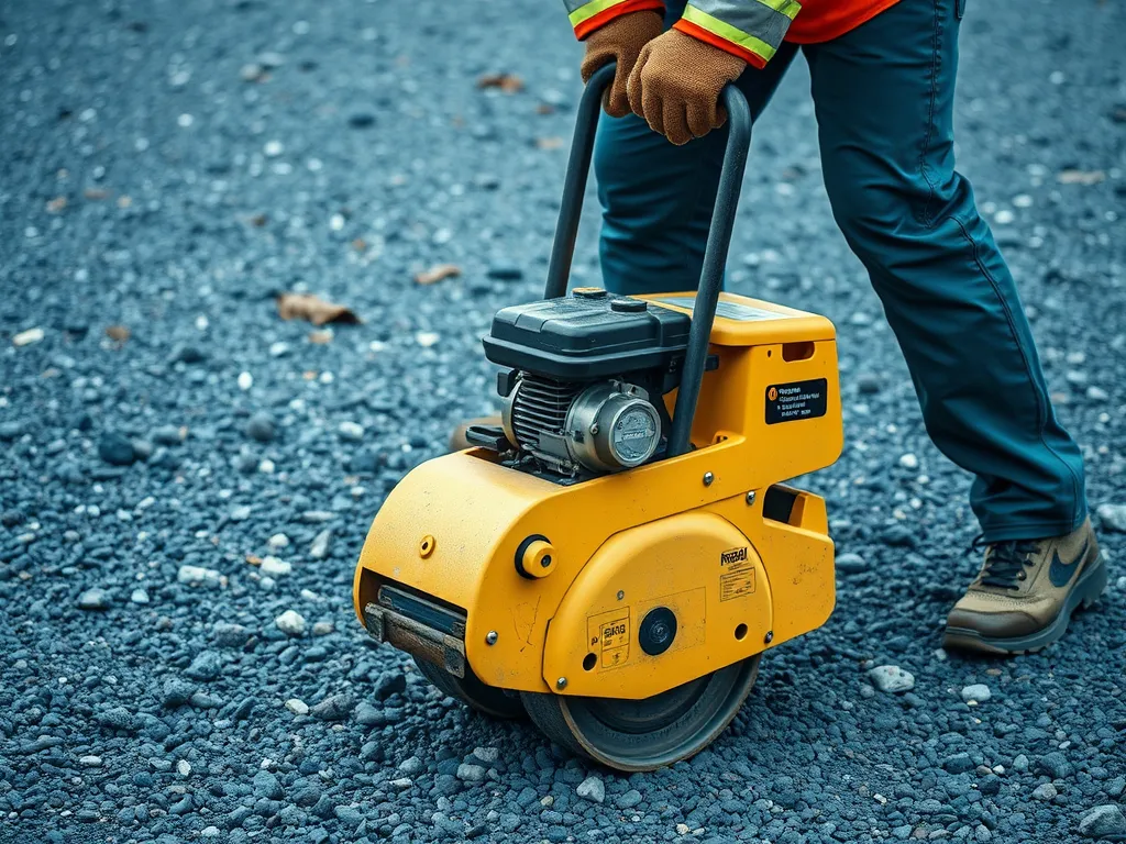 Worker using a hand-held compactor on gravel for effective compaction techniques.