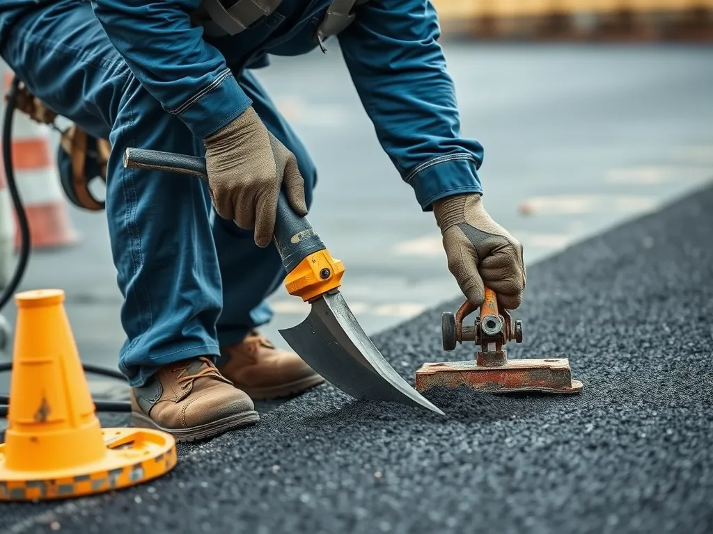 A worker using hand tools for asphalt work, including a squeegee and tamping tool, demonstrating the importance of hand tools in road construction.