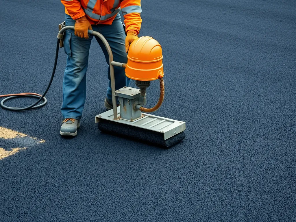 Worker using a hand tool for asphalt work, showcasing the importance of hand tools in paving.