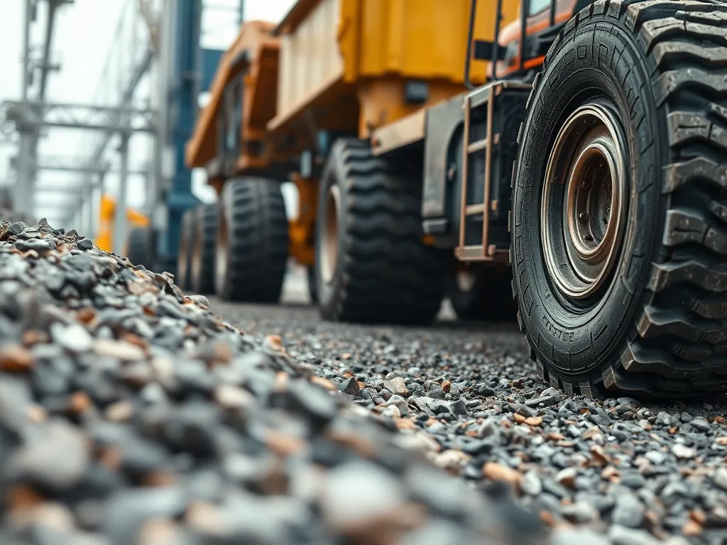 Close-up of a construction vehicle tire on asphalt millings, illustrating the process of hardening asphalt millings