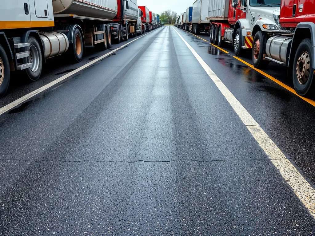 View of a truck-lined road showcasing freshly hardened asphalt millings for durability.