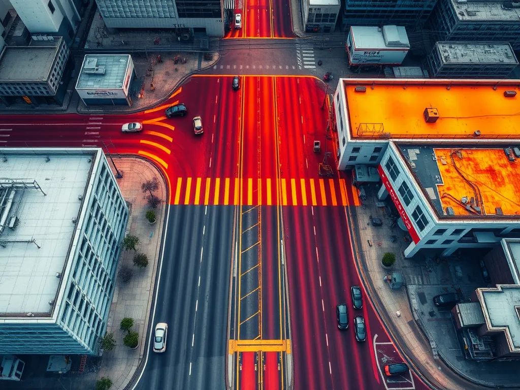 Aerial view of asphalt and concrete surfaces showing varying heat absorption characteristics.