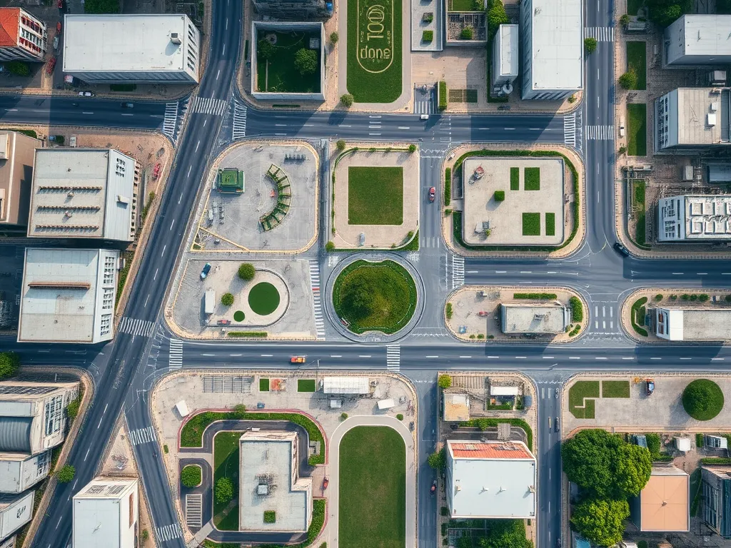 Urban landscape showing green spaces and parks to mitigate heat island effect.